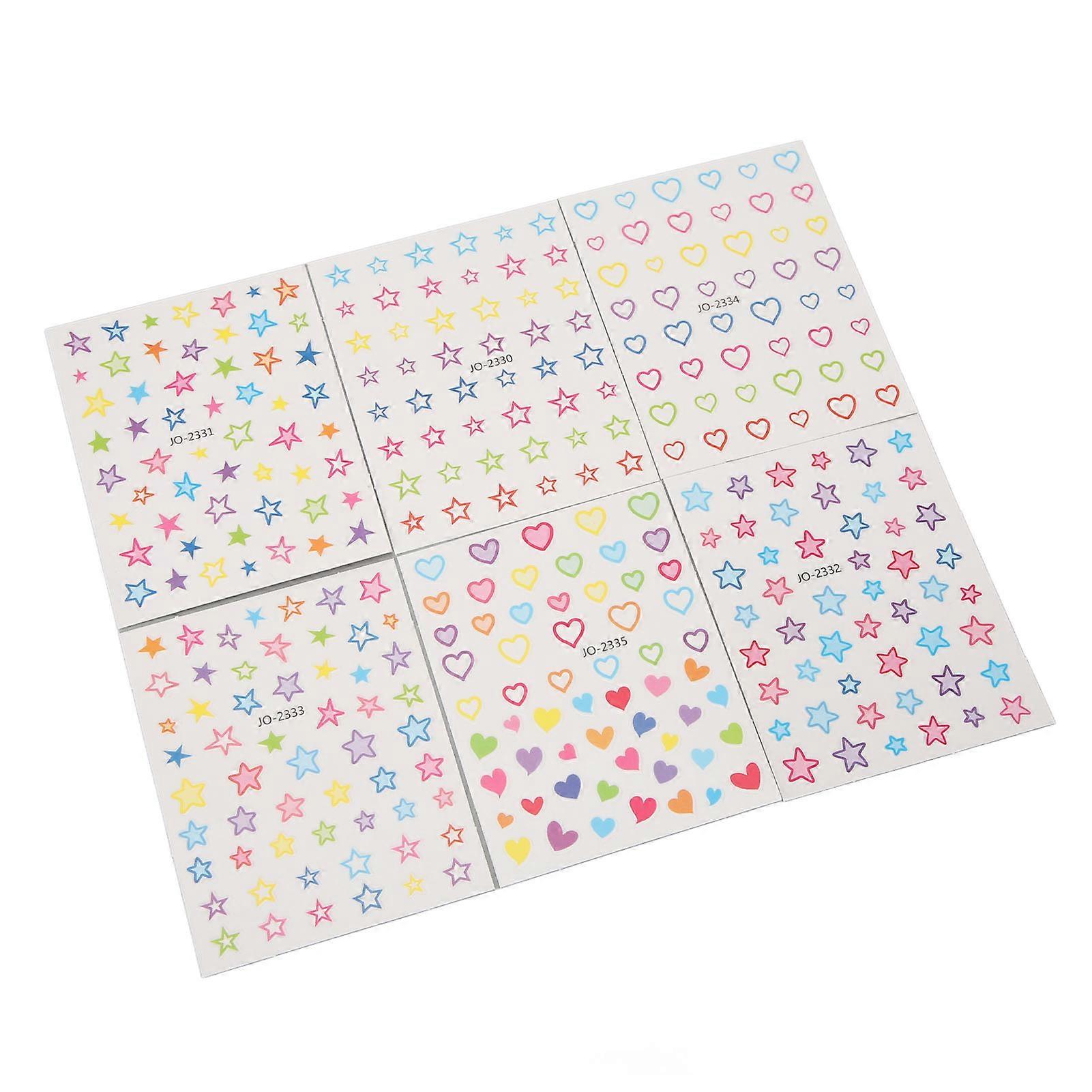 6 Sheets Star Heart Nail Stickers Self Adhesive Mix Color Different Patterns Manicure Decals 
