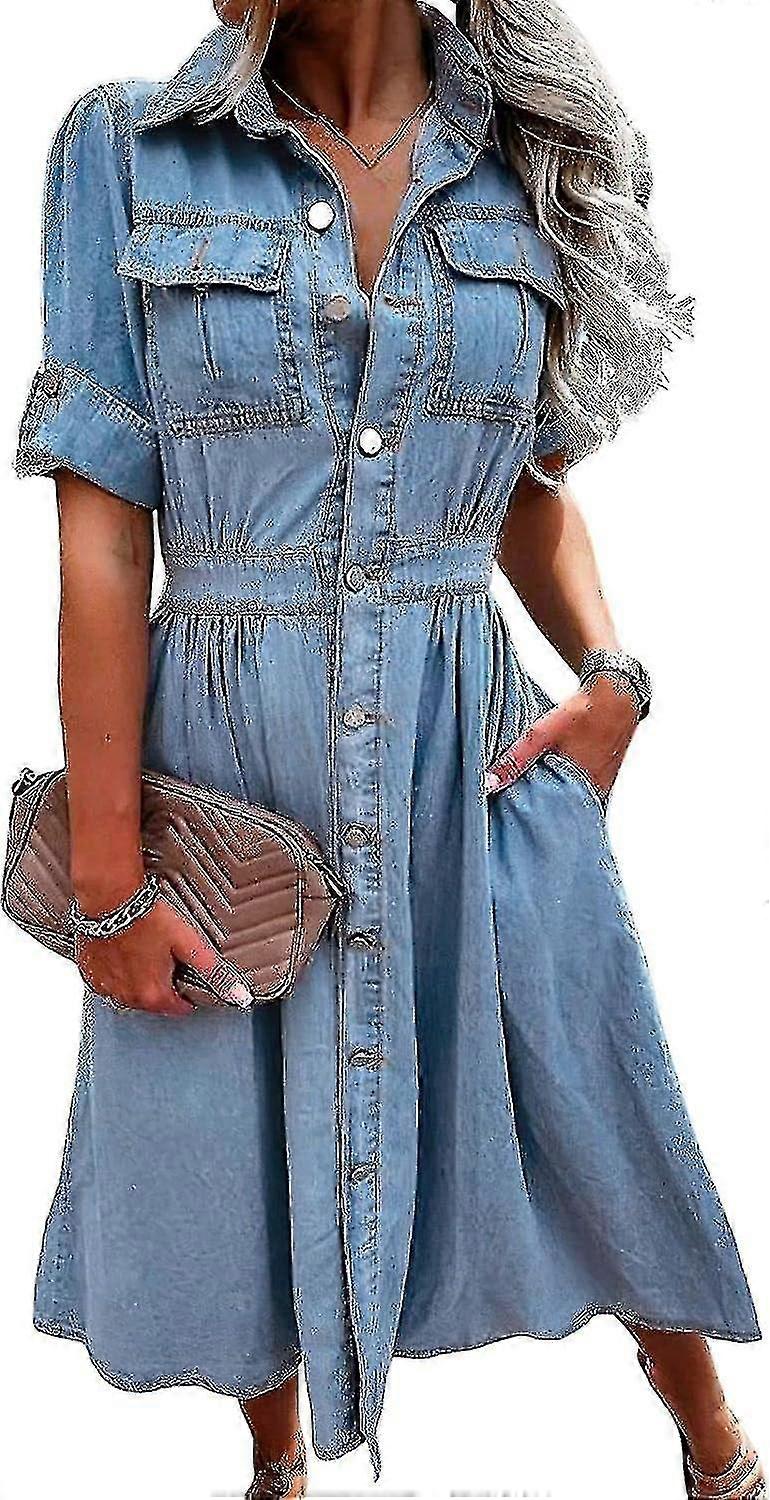 Naisten vintage farkkumekko rento lyhythihainen nappi alas Lapel Swing Midi Farkut Mekko taskuilla