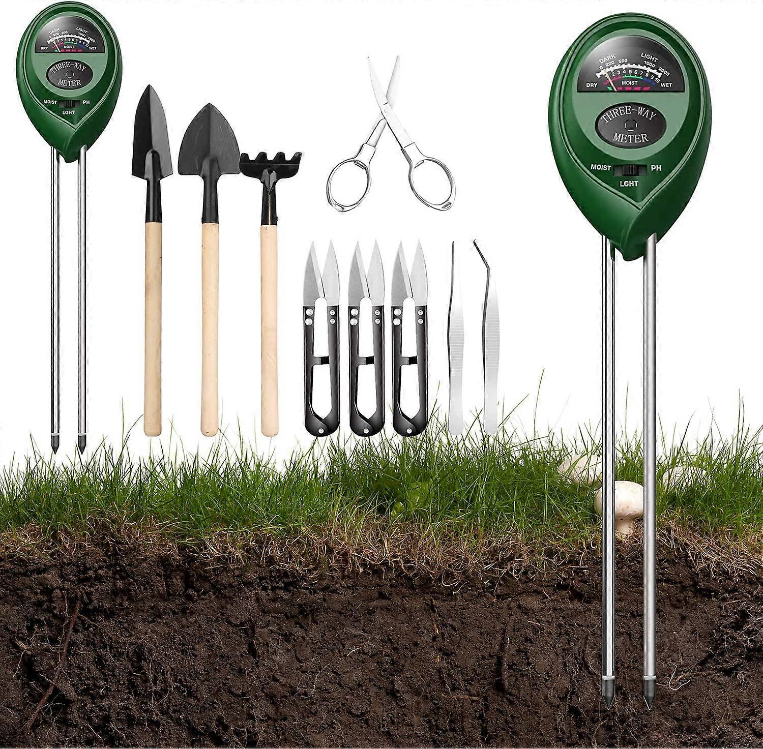 Nirvana Mini Plant Tool Set, Soil Measuring Device with 10pcs Bonsai Tool, Plant Soil Tester 3 in 1 Plant Tester Including Pruner, Folding Scissors, M