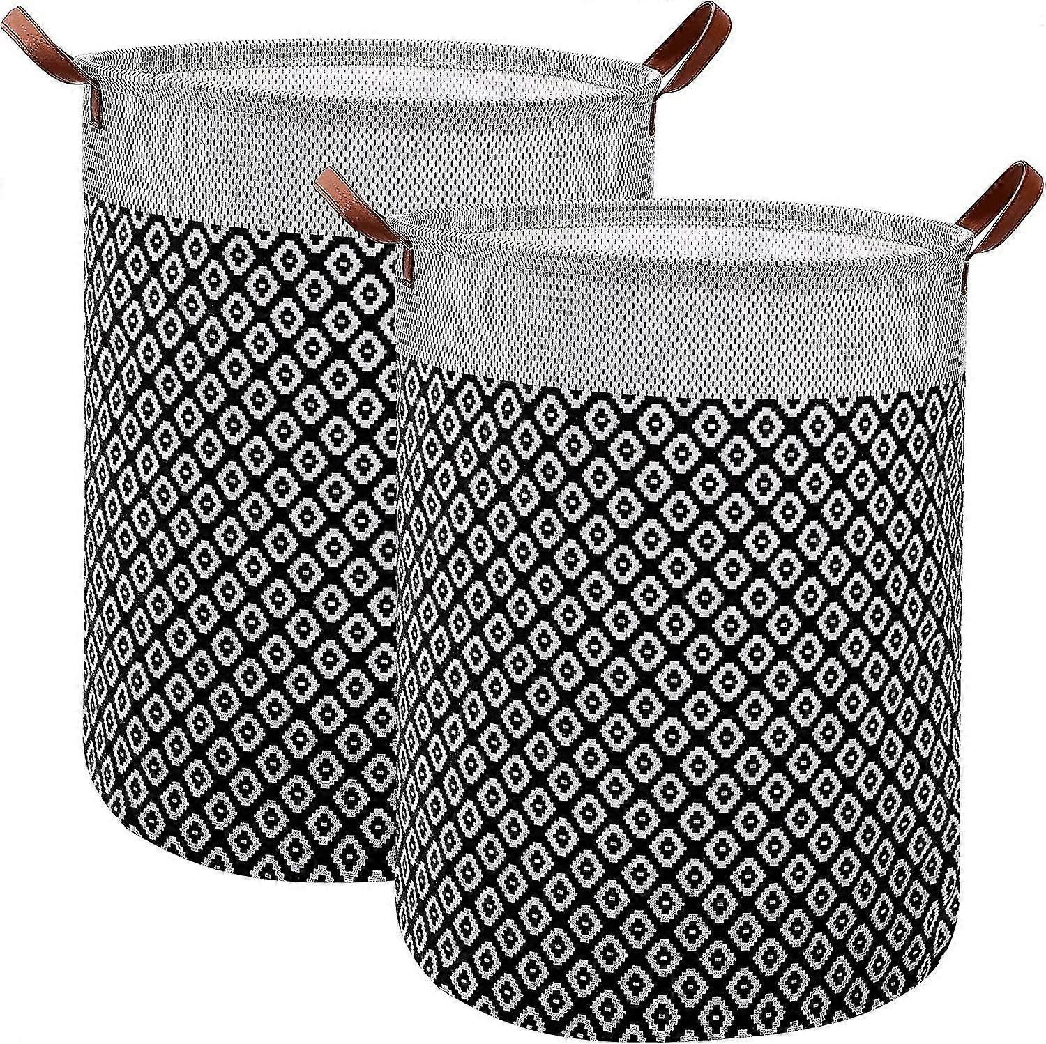 Laundry Hamper Set Of 2 Large Laundry Hamper, Waterproof Clothes Hamper, Bohemia Foldable Round Storage Organizer With Leather Handles For Dirty Cloth