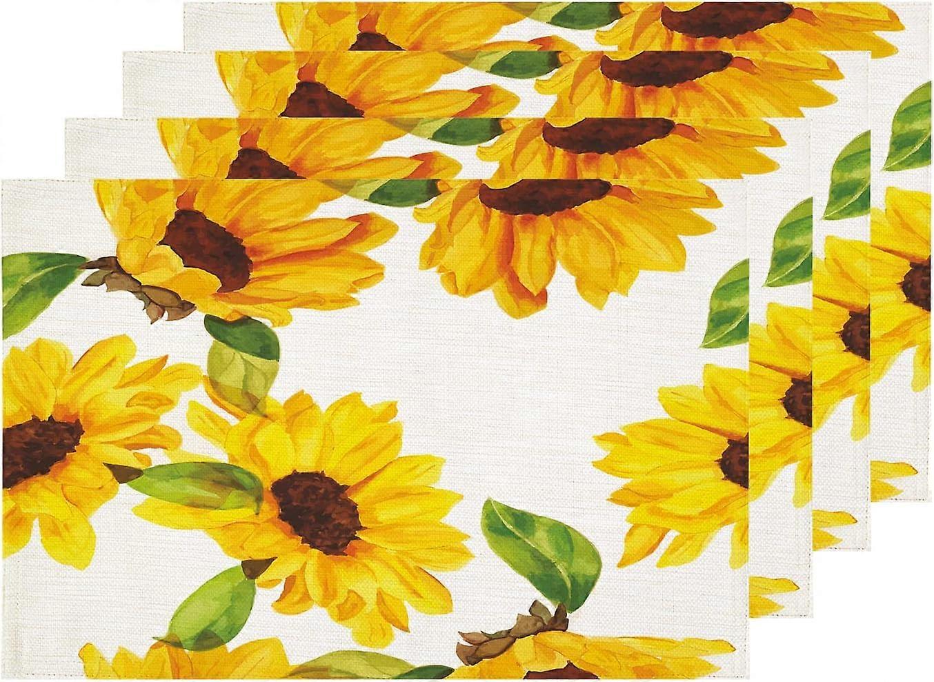 Sunflower Flower Placemats Set of 4, Rustic Watercolor Sunflower Patterned Non-Slip Heat-Resistant Washable Burlap Table Mats for Restaurant, Cafe and