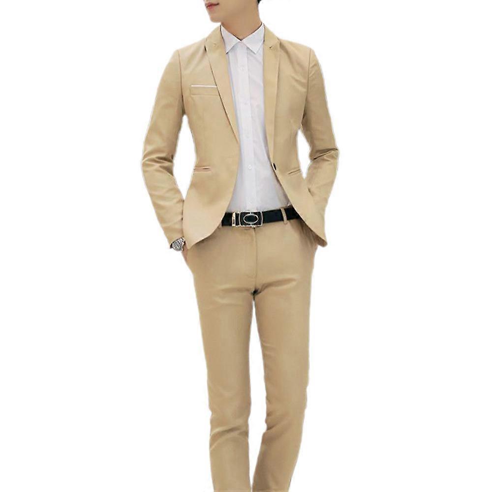Men Plain Formal Single Breasted Blazer + Trousers Business Suit Set Khaki
