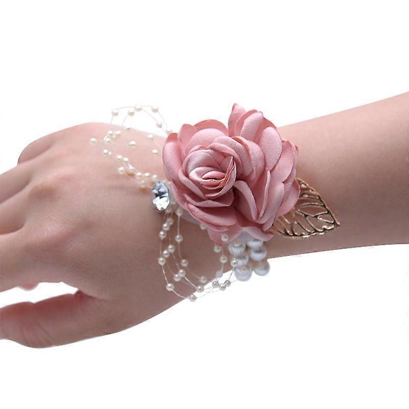Girls bridesmaid wrist corsage bridal silk wrist flowers with faux pearl beads stretch wrist( Champagne Powder)