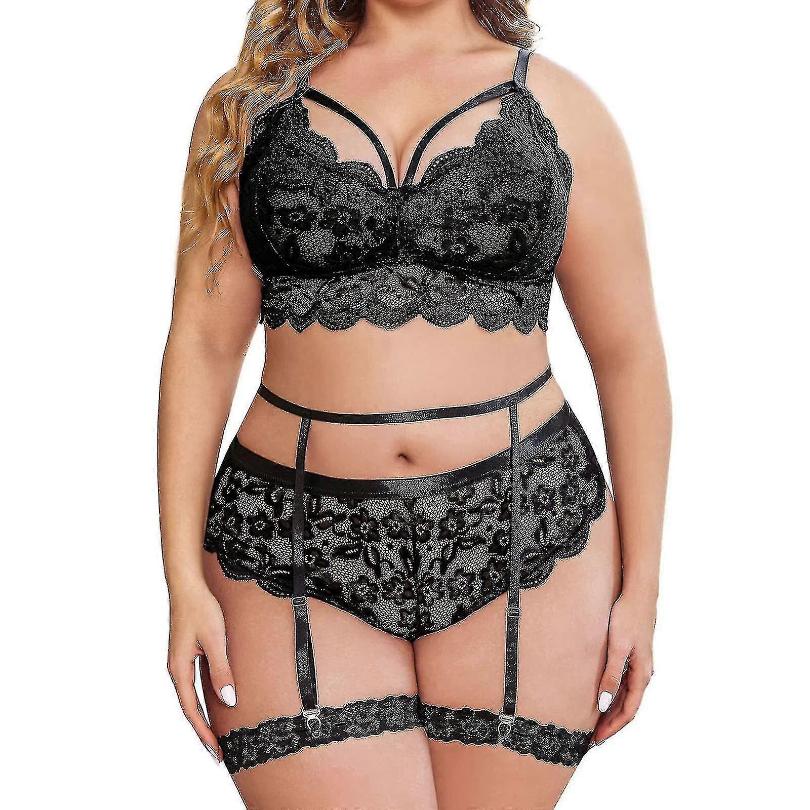 플러스 사이즈 란제리 세트 여성 섹시한 레이스 꽃 가리비 트림 슬링 브래지어 및 팬티 여름 얇은 속옷