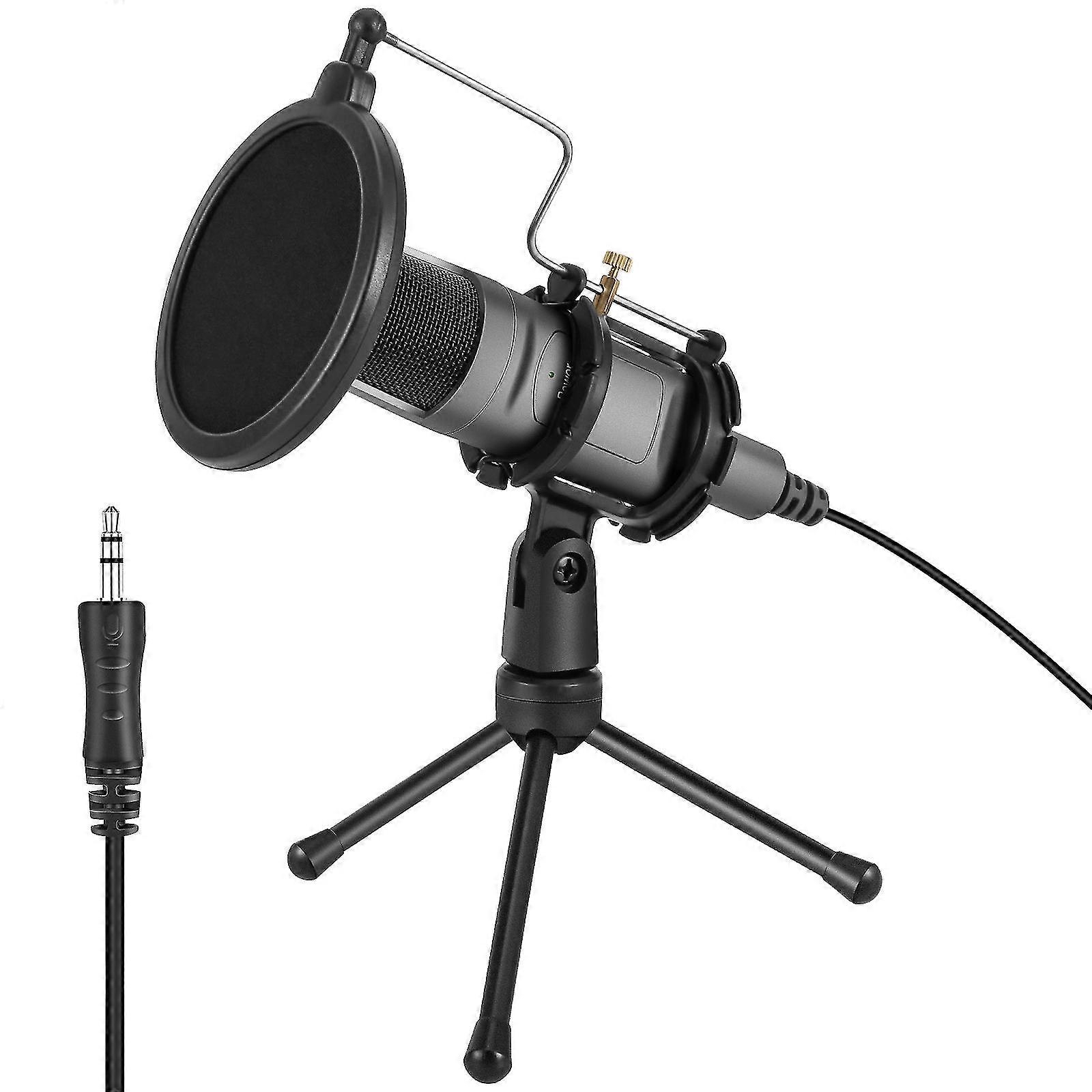 Kondensatormikrofon, 3,5 mm PC-Mikrofon Plug-and-Play-Aufnahmemikrofon mit rutschfestem Mikrofonständer Doppelschicht-Pop-Filter