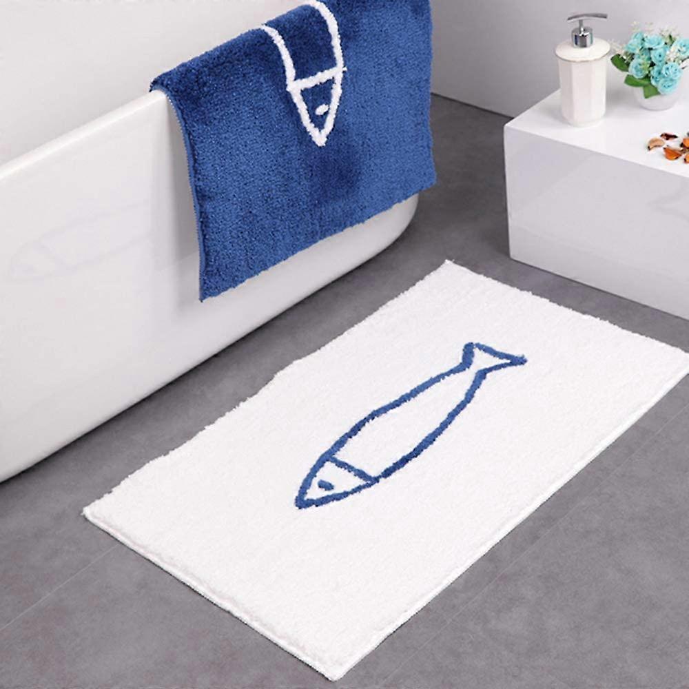 Blue/White Fish Pattern Non-Slip Bathroom Bath Mat,Polyester,40 x 60cmWhite