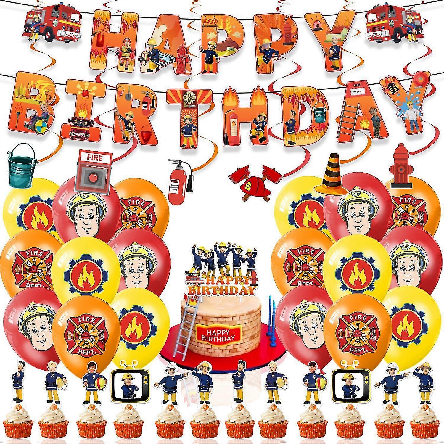 Firefighter Sam Theme Birthday Party Decoration Fireman Sam Pulling Flag Cake Cake Balloon Player