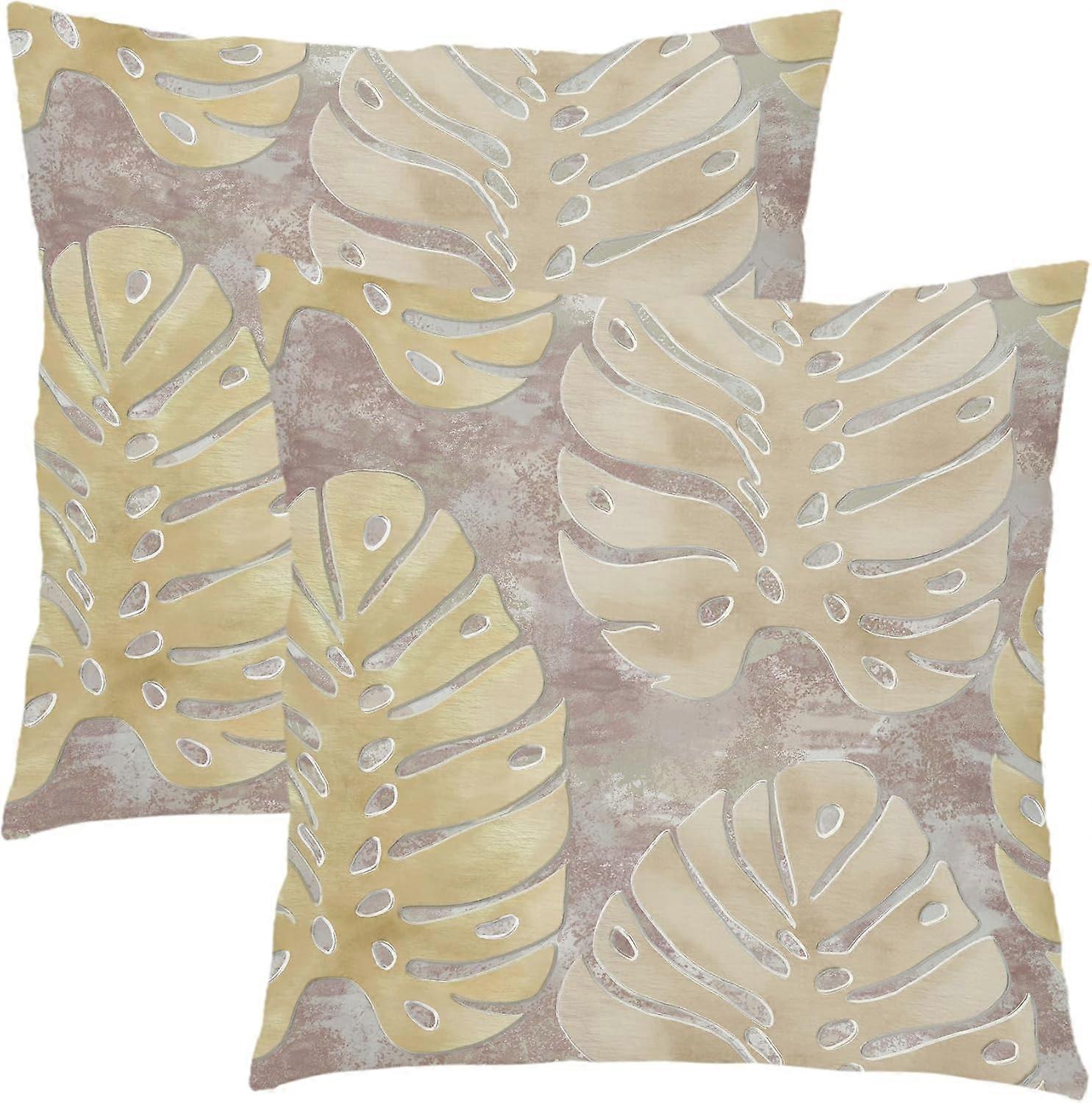 金箔の枕カバー16X16インチの夏の熱帯モンステラの葉植物の装飾的な枕ケース2つの植物綿リネンスロー枕のセット