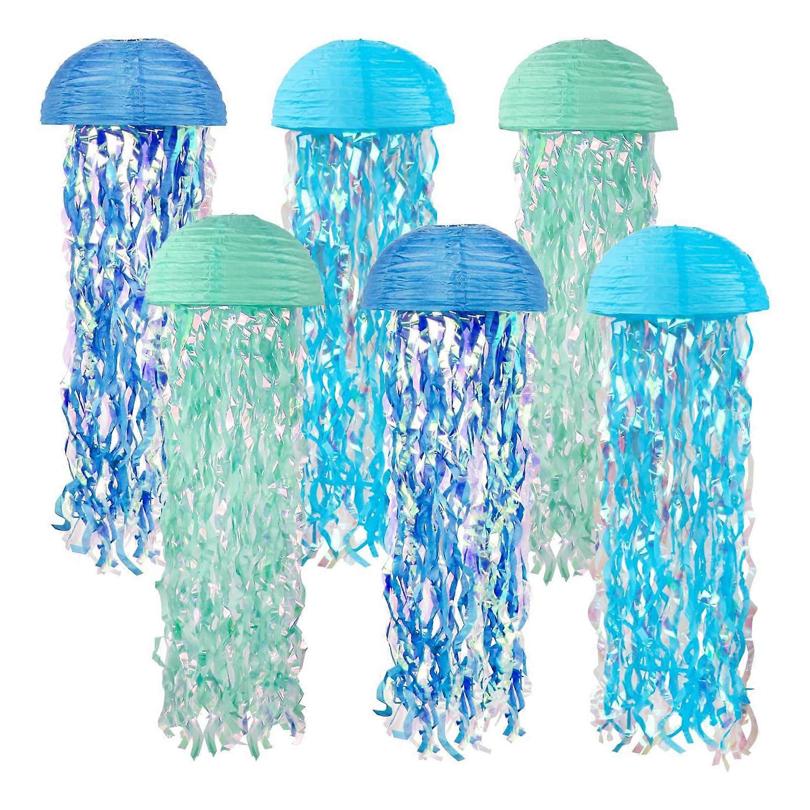 6 Pack Jellyfish Lanterns Gradient Blue Ocean Themed Paper Lantern Decorations Beach Pool Classroom Hanging Decor for Mermaid Birthday Party