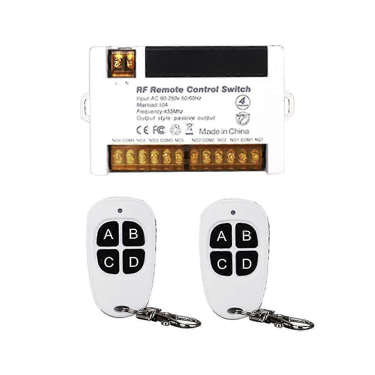4 Channel Wireless Relay Remote Control Switch 433.92 Mhz Rf Ac90-250v 10a Relay Receiver With 2 Rem