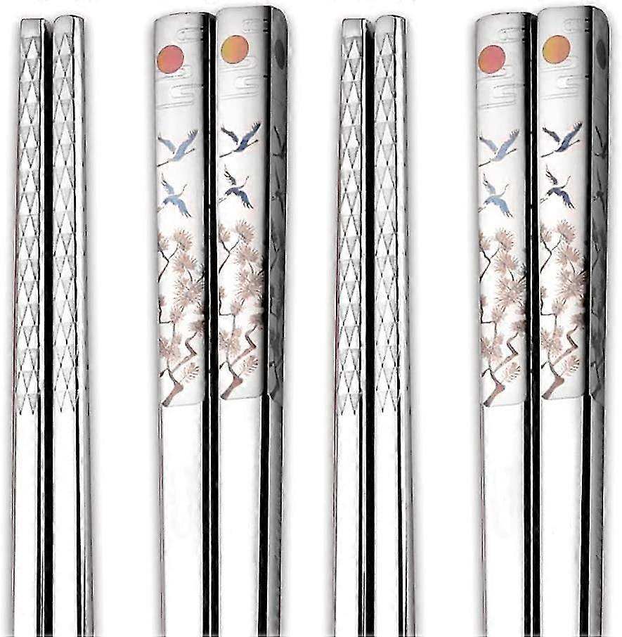 Metal Chopsticks Reusable Dishwasher Safe, Square Fancy Color Laser Engraved Cooking Chopsticks, Non-Slip, 9.8", 2 Pair Gift Set, Color Laser Engraved