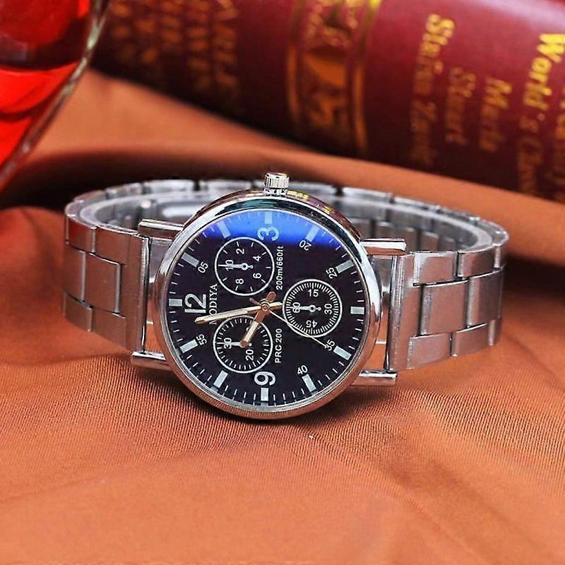 Luxury Casual Three Eyes Steel Belt Analog Quartz Watch for Men Black