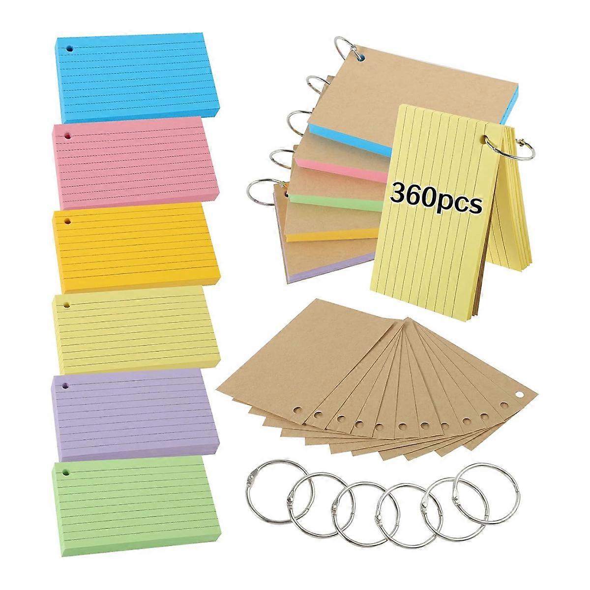 Flash Cards,600 PCS Multicolor Index Cards Revision Cards with 6 Binder Rings,Kraft Paper Lined Reco