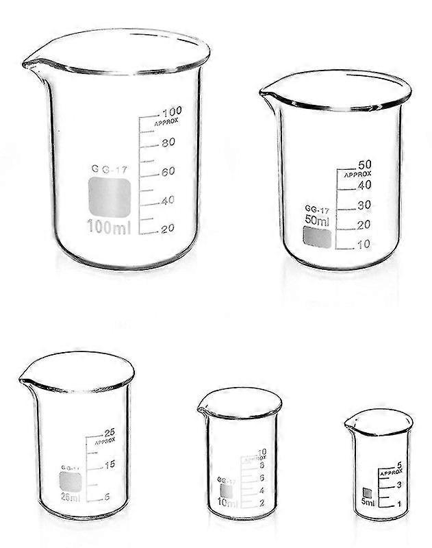 5 Pcs Beaker Graduated In Borosilicate Glass 5ml 10ml 25ml 50ml 100ml compatible Laboratory And Kitchen-A