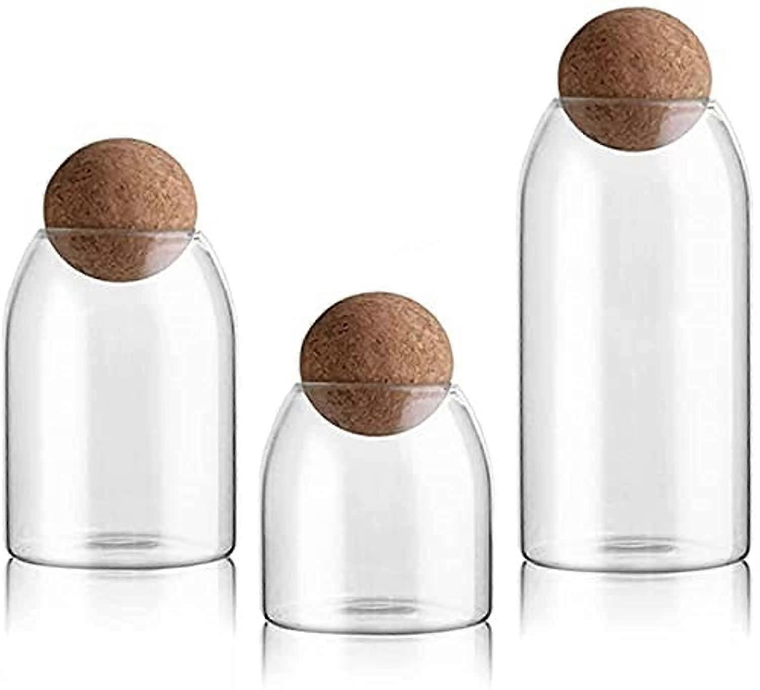 Set of 3 Glass Jars with Cork Lids, Kitchen Food Airtight Transparent Storage