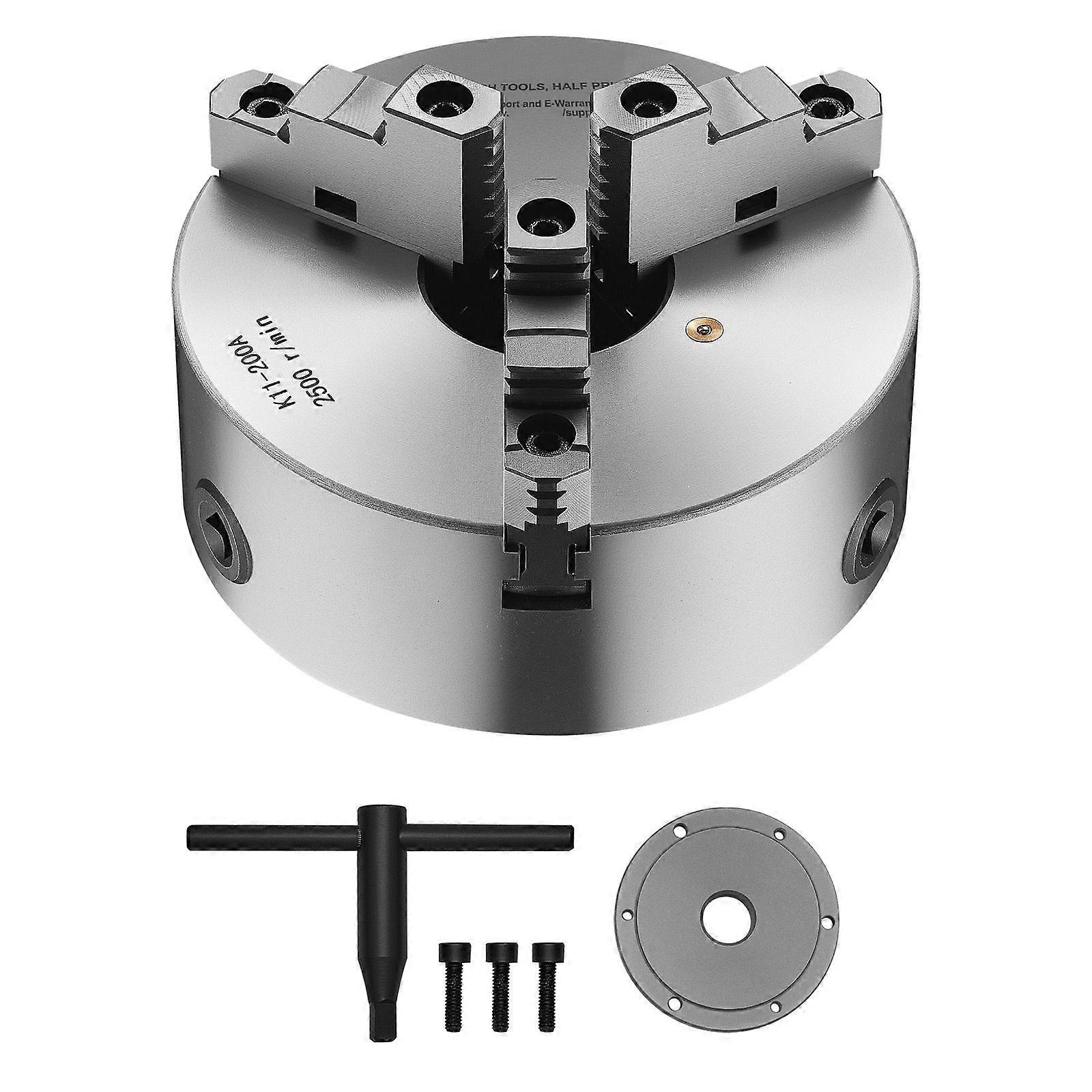 3-Jaw Lathe Chuck, 8 Inch (200 mm), Self-Centering Chuck with 2 1/4 in-8 Threaded Backing Plate, 0.16-7.87 in Clamping Range