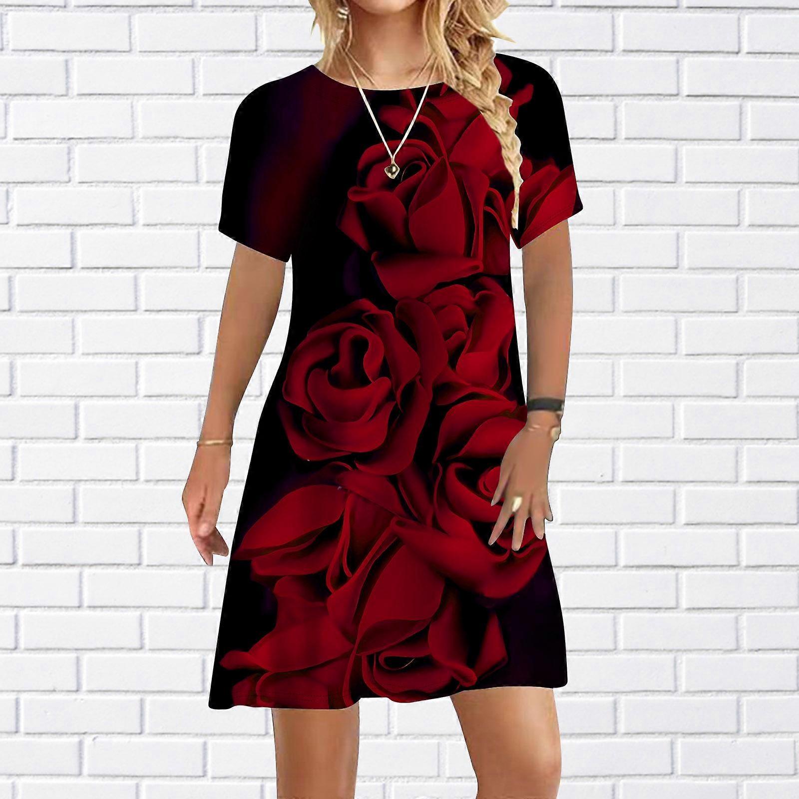 Rochie casual pentru femei Lanț de vară Rochii cu imprimeu de trandafiri pentru femei Rochie cu mânecă scurtă cu decolteu O Plus Size