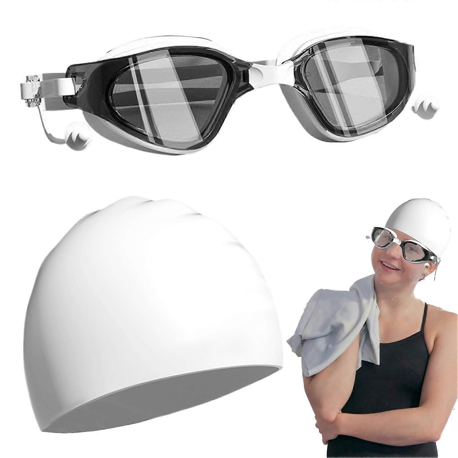 Adult swimming goggles, water goggles 1 set with silicone cap protective, wide view, antiscratch white