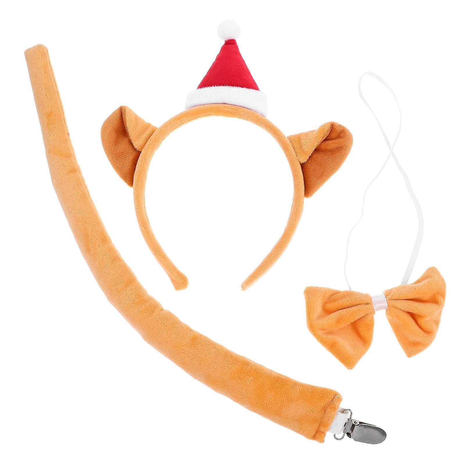 Cute Plush Cat Ears Headband With Santa Hat Bow Tie And Tail Holiday Parties Cosplay 1Set