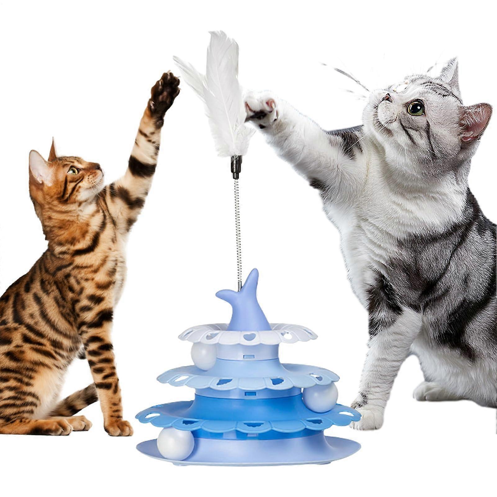 Cat Teaser Interactive Toy Stick with Blue Cat Ball Roll Track, Indoor Kitten Training Tower for Hunting Exercise