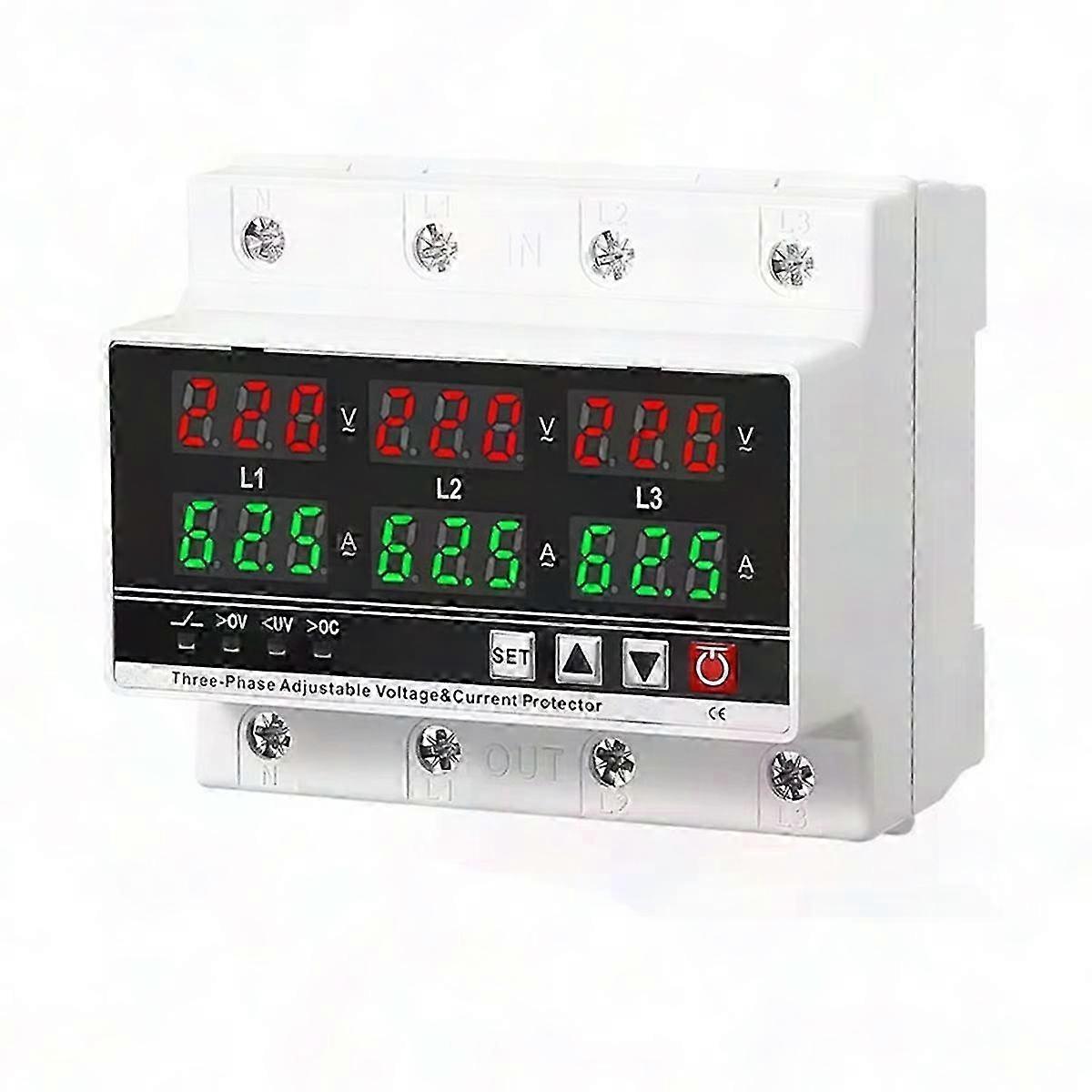 3-Phase Voltage Protector with Adjustable Over/Under Settings, Voltmeter, Ammeter, and DIN Rail Mounting 3P4W Configuration