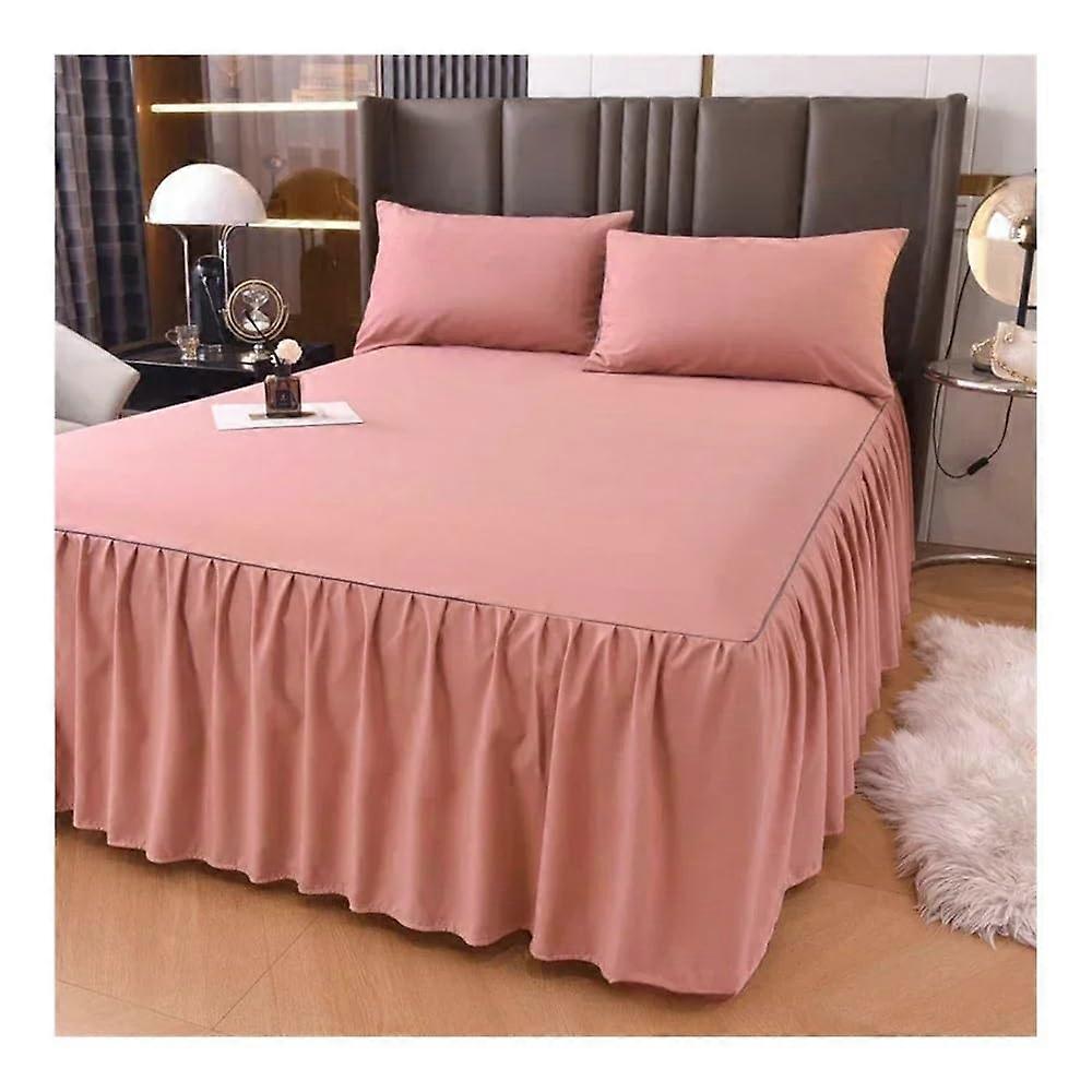 1 x solidcolor bed skirt with lace, fitted sheet with ruffles, Queen/King (Dark pink)