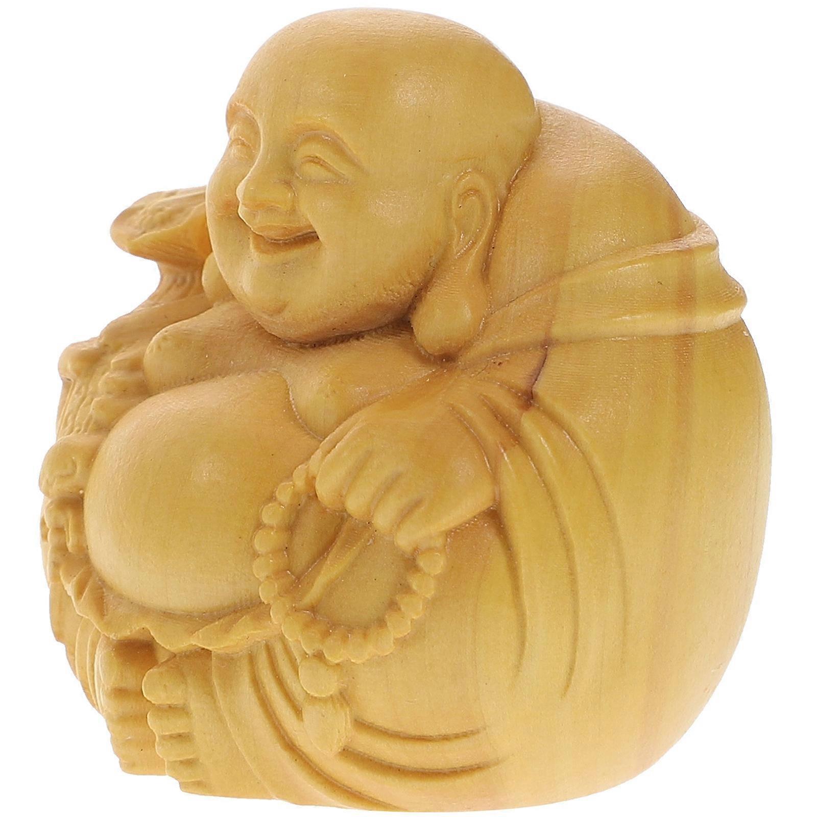 Tabletop Movable Statue Wooden Carved Maitreya Khaki 3x3x3.5cm Ornament 1Pack
