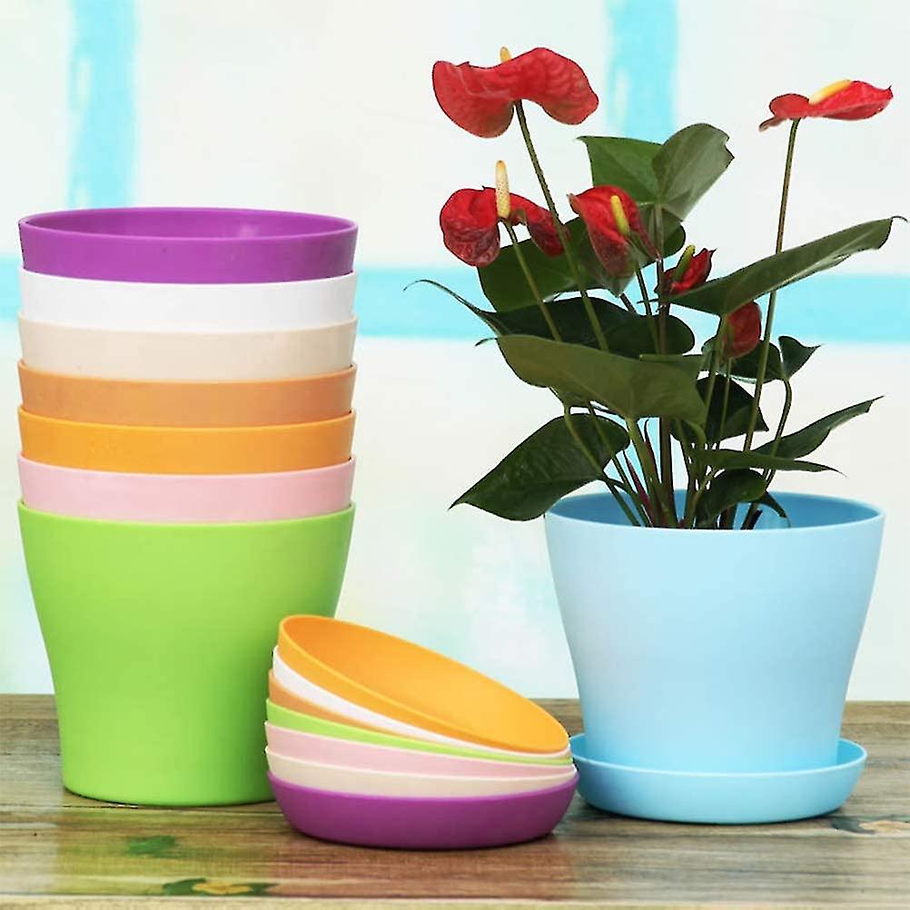 8pcs Plastic Flower Pot With Saucer, Indoor And Outdoor Color Flower