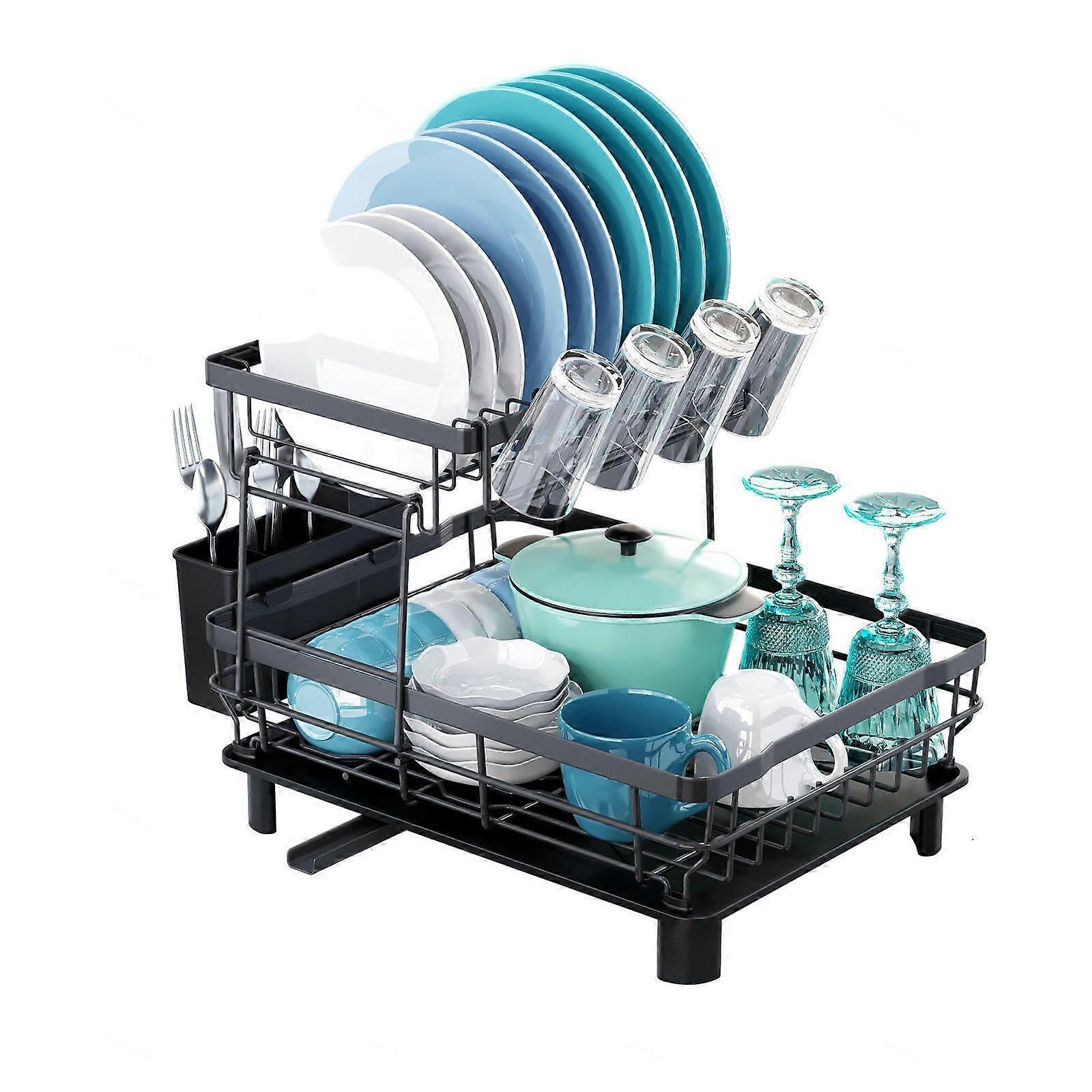 Dish Rack, Stainless Steel, 2-Tier Space-Saving With Draining Board, Countertop Dish Drying Rack for Kitchen, Model C