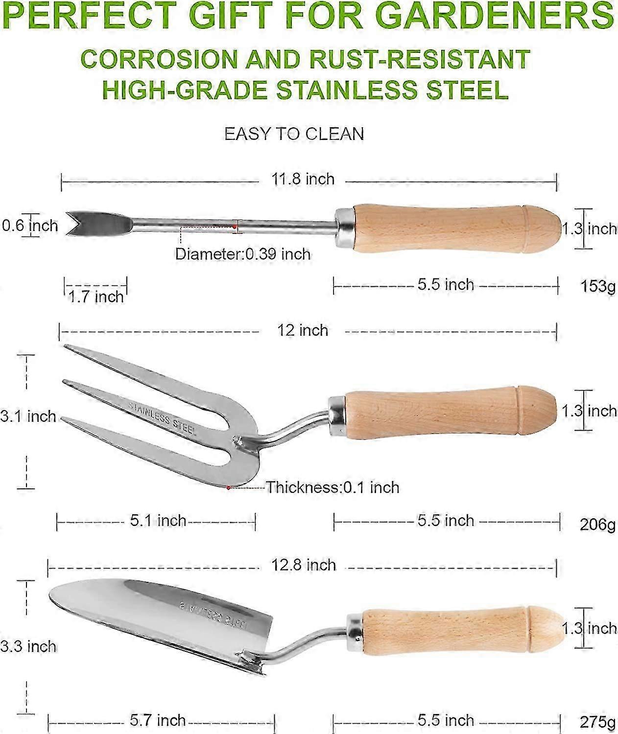 3kpl puutarhatyökalusarja, mukaan lukien haarukka, lastalla ja rikkaruoho, raskas ruostumaton teräs puukahvalla