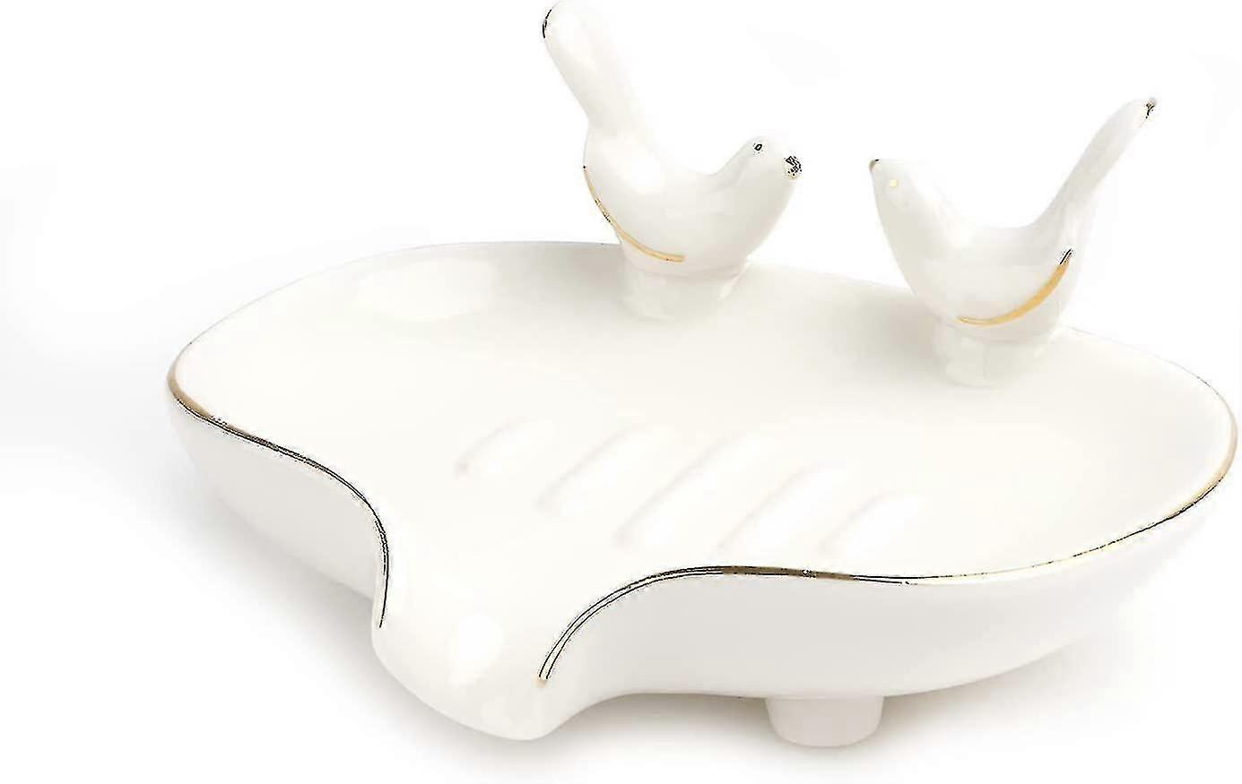Self-Draining Ceramic Soap Dish with Bird Design, Waterfall Soap Holder, White