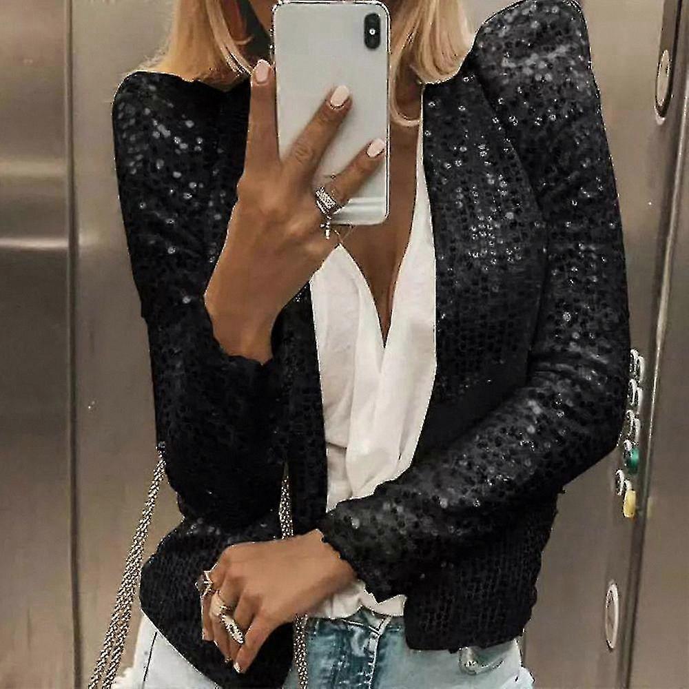 Sequin-Embellished Long Sleeve Open Front Women's Coat with Casual Design