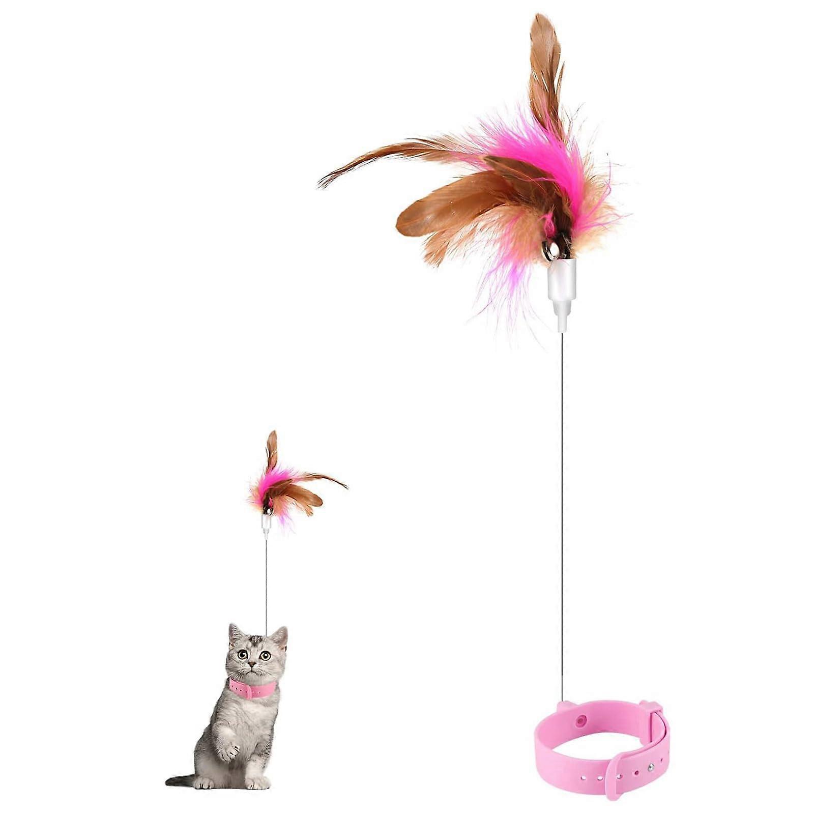 Cat Teaser Wand Toy Silicone Adjustable Collar Feather With Bell Indoor Cat And Kitten Interactive Toy Pink