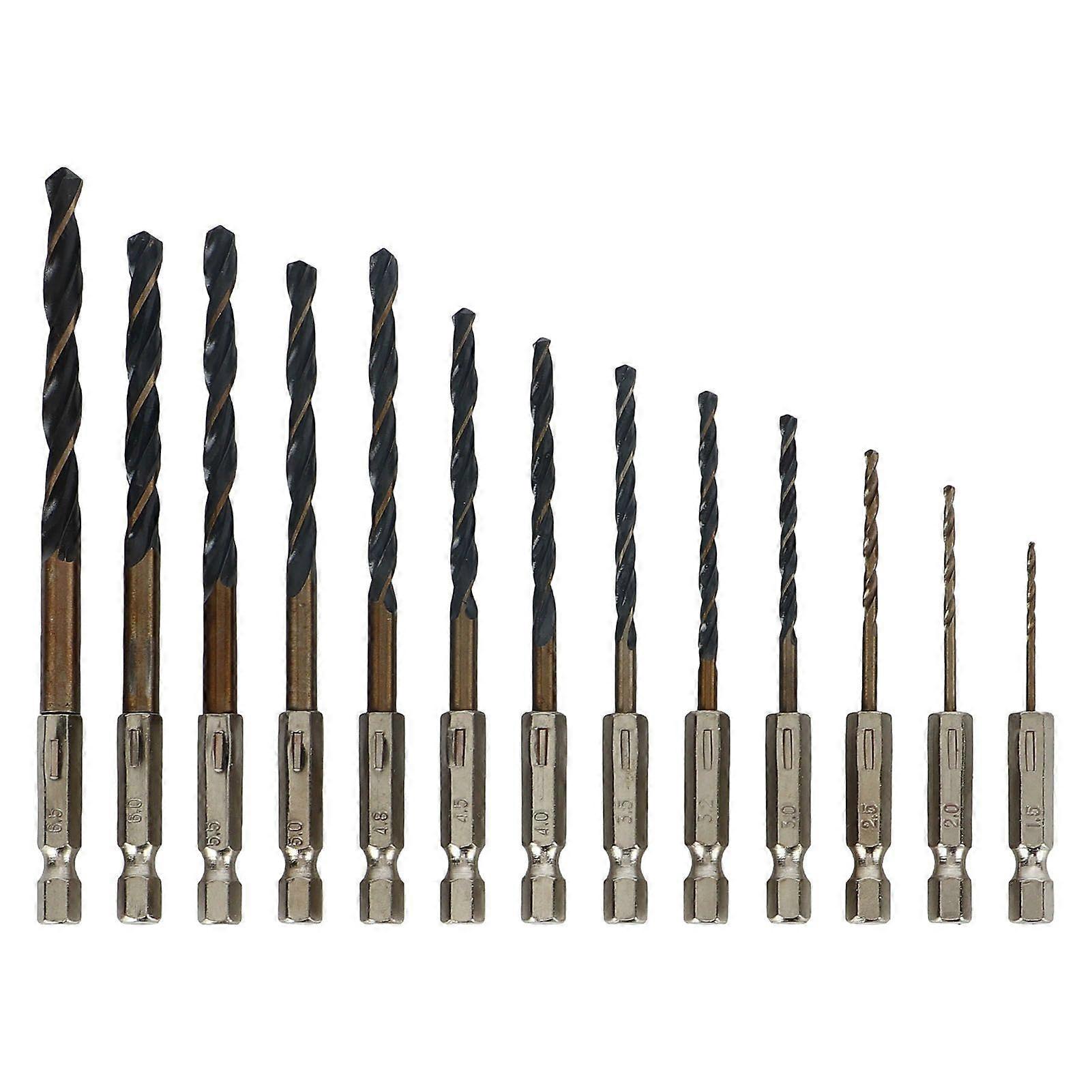13Pcs Twist Drill Bit 1/4in Hex Shank 1.56.5mm Fast Change for Wood Plastic Metal