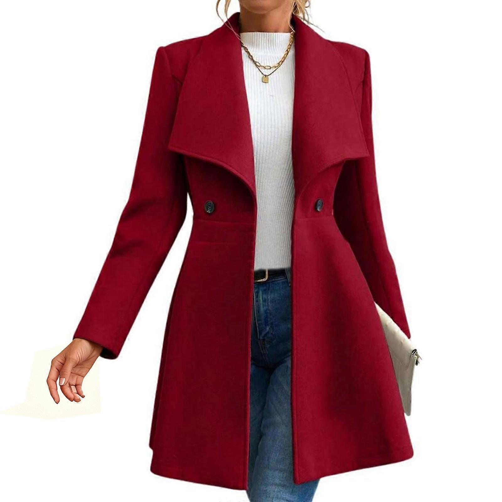 Women's Shawl Collar Wool Coat Button Collar Work Long Wool Pea Coat  Burgundy XL