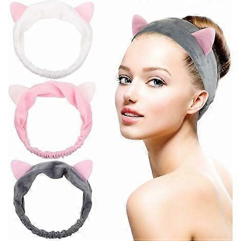 Elastic Makeup Headbands With Cat Ears, 3 Pieces