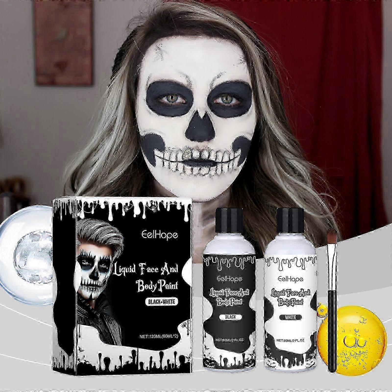 Peinture pour le visage noir et blanc, 2 pièces de 60 ml, peinture corporelle, kit de maquillage d'Halloween avec pinceau, effets spéciaux pour clowns, zombies, vampires et squelettes, rzd1