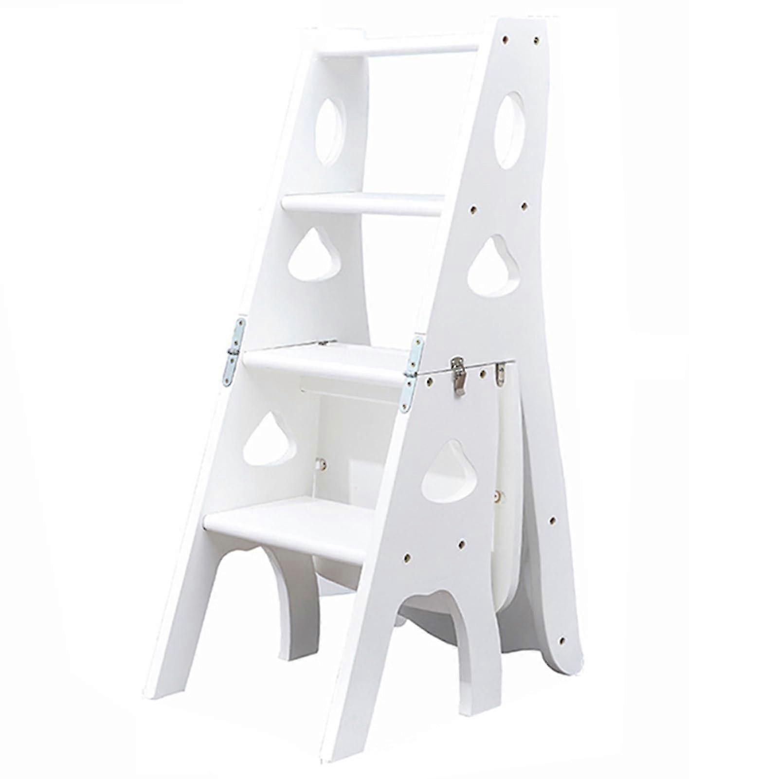 Library Ladder Chair Combo 3In1 Step Stool Foldable Display Shelf Portable Ladder 331lbs Capacity Light Walnut White