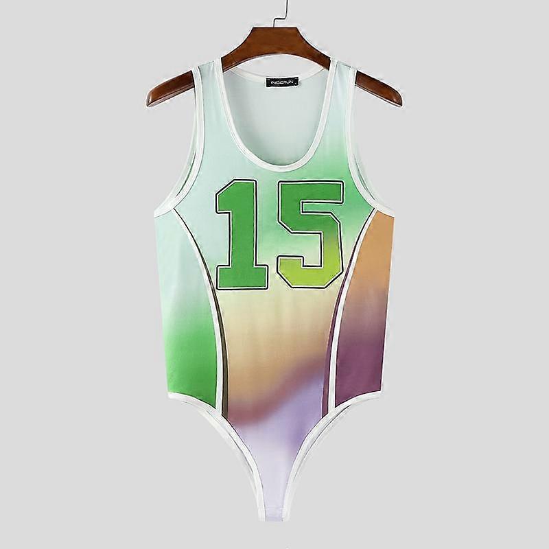 INCERUN Men Underwear Sleeveless Gradient Letter Print Briefs Bodysuits Fitted Jumpsuits
