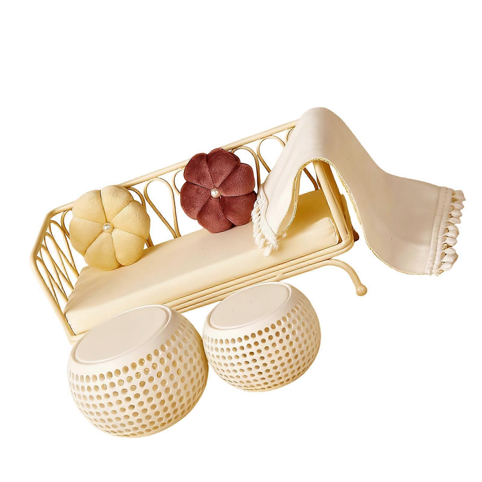 Iron Frame Doll House Furniture Couch Set with Removeable Cushion Creative Scene Decoration For Miniature Collector  White Set