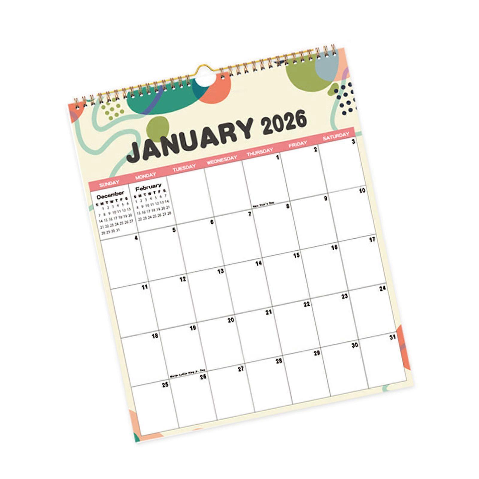 2026 Wall Calendar Planner With Unlined Daily Blocks 12 Month from January to December For Home Office 29.5x37cm Multicolor