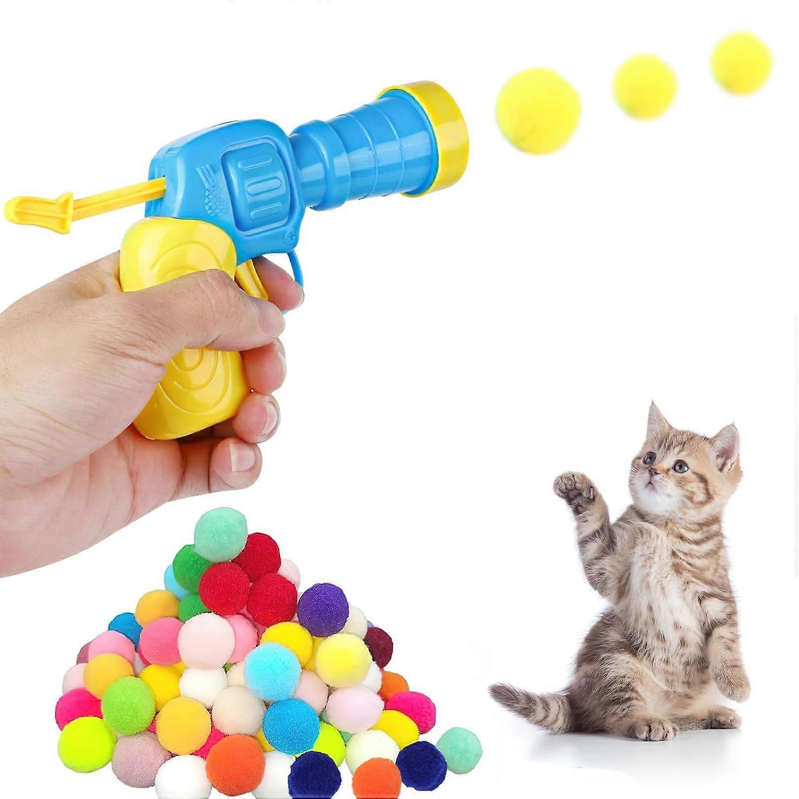 Interactive Cat Toy Ball Launcher Gun with 50 Soft Pom Pom Balls for Indoor Kitten Play and Exercise