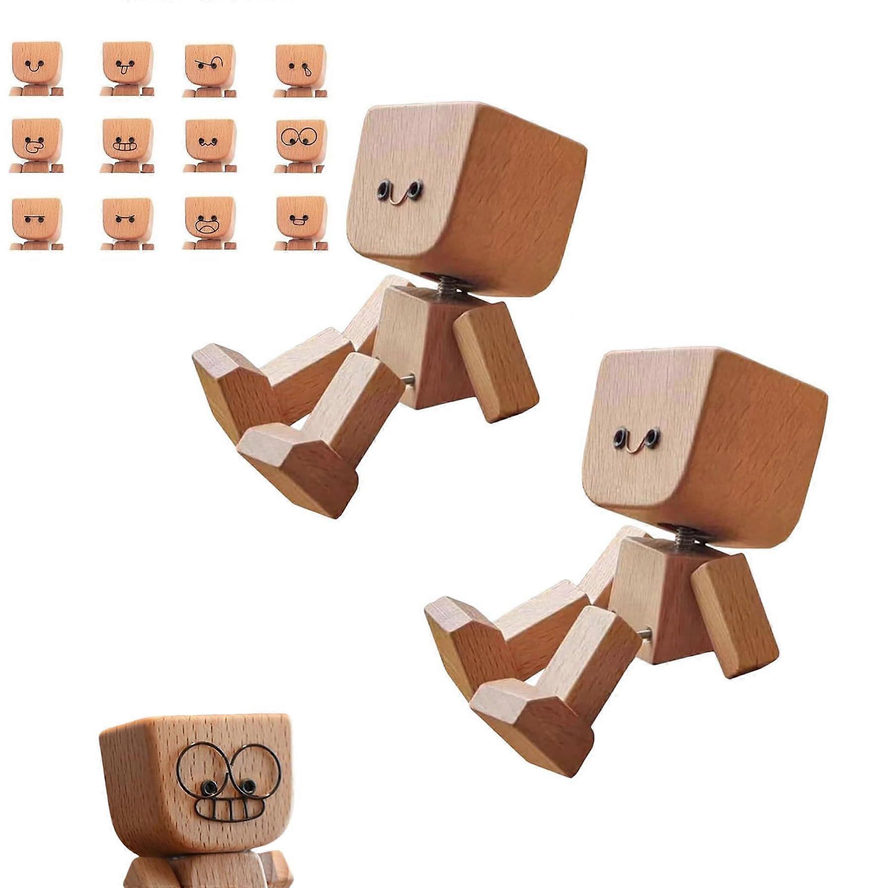 Wooden Dashboard Ornament with 12 Magnetic Face Changes, Handmade Shaking Figurine for Car and Desk (2pcs)