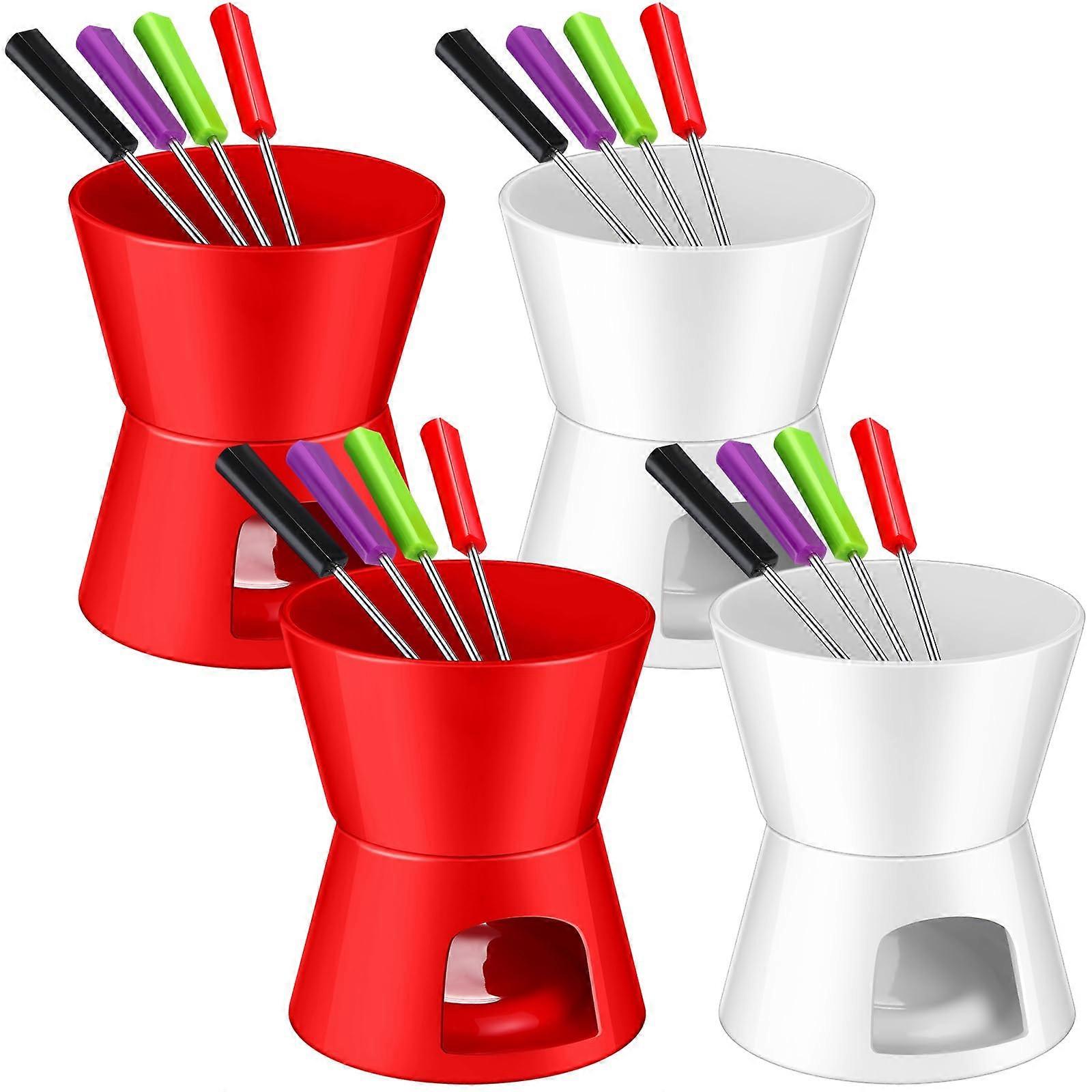 Fondue Set Ceramic Cheese and Chocolate Mini Fondue Pot with 16 Forks for Parties Red/White