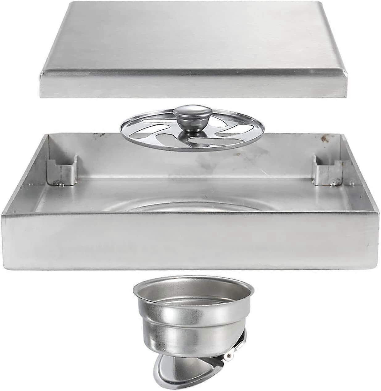 Stainless Steel Shower Drain 4 Inch Square with Removable Hair Strainer and Invisible Embedded Design