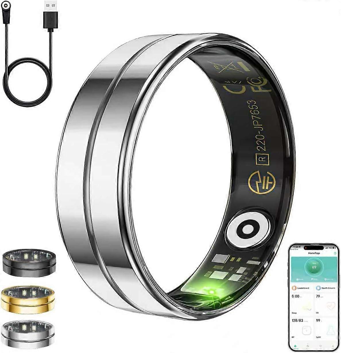 Smart Ring with Sleep, Heart Rate and Blood Oxygen Tracking, Waterproof, Silver, No Subscription