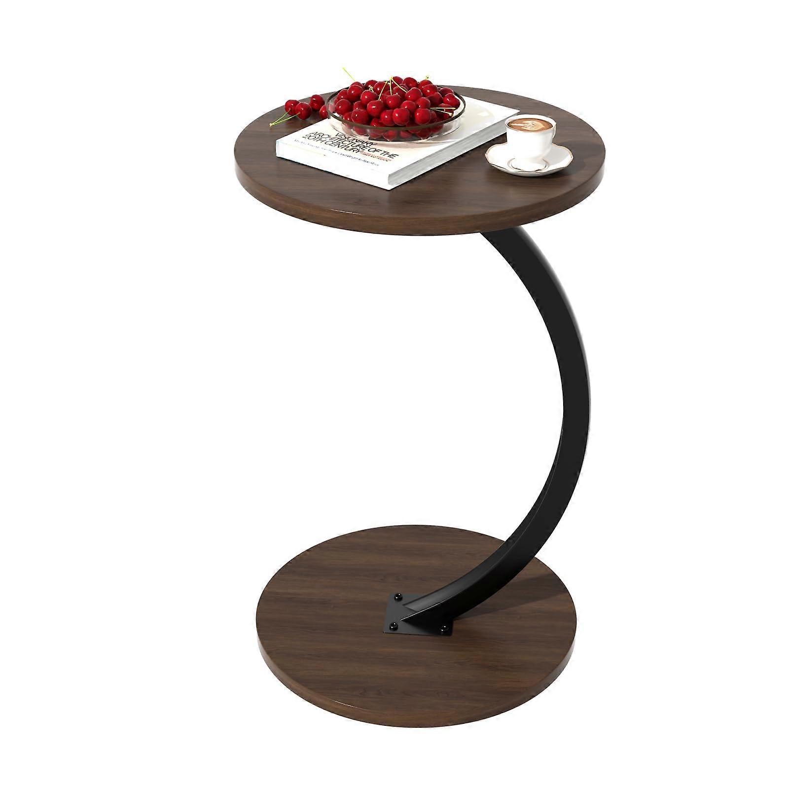 C Shaped Side Table with Wood Veneer, Round SpaceSaving Nightstand for Couch, Bed, Living Room, Walnut