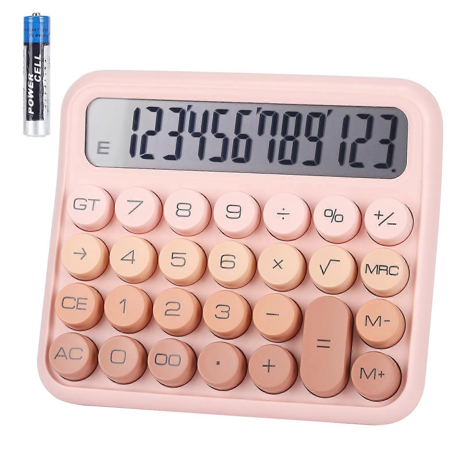 Mechanical Calculator with Large 12Digit LCD Display Retro Ergonomic Design for Office School Pink