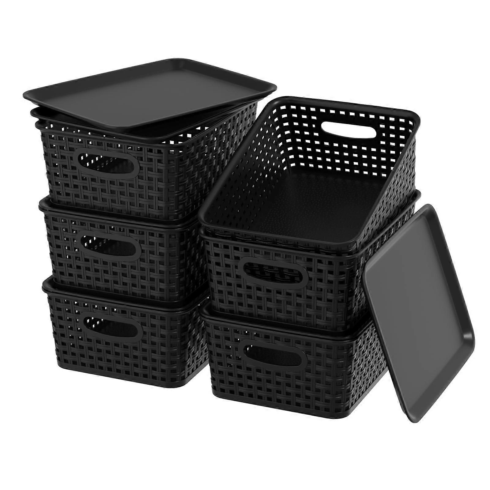 6 Pack Black Plastic Storage Baskets with Lids, Stackable Organizer Bins for Shelves and Drawers