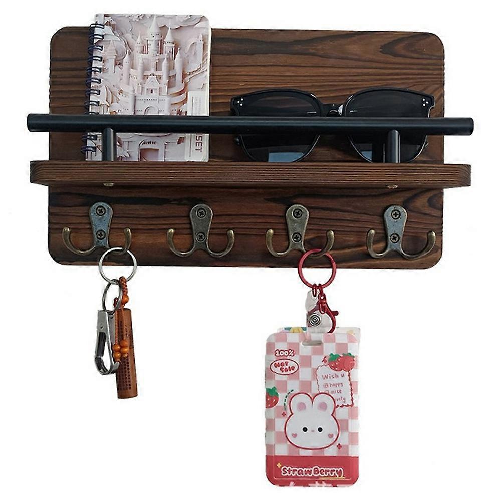 Wall Mounted Wooden Mail Organizer Key Hanging Rack Multi-Function Entryway Storage Shelf